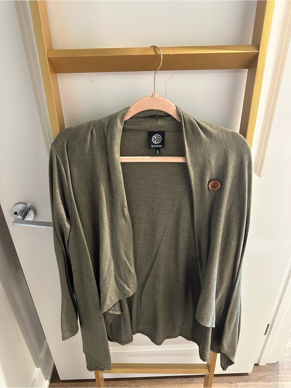 bobeau Olive Green Draped Open Cardigan